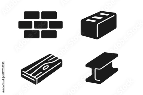 Construction materials solid glyph icon set. Building supplies vector graphics. Brick wall, concrete block, wooden plank, lumber, and steel I-beam girder. Industry symbols.