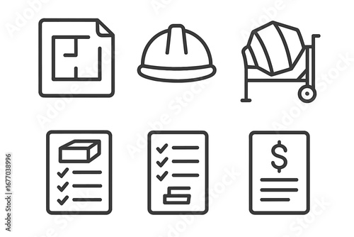 Construction line icon set. Building industry symbols. Vector graphic of blueprint plan, safety helmet, concrete mixer, material checklist, project cost and budget estimate.
