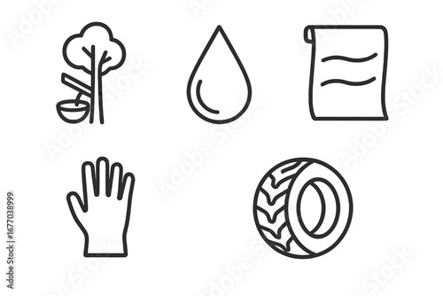 Natural rubber production line icon set. Rubber tree sap, latex drop, rubber sheet, glove, and tire manufacturing symbols. Vector outline illustration for industry.