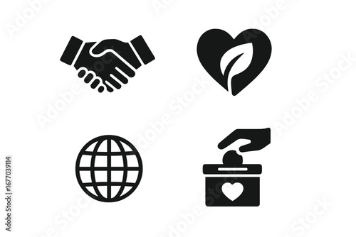 Corporate Social Responsibility icon set. Solid glyph symbols for business ethics, sustainability, environmental care, charity donation, and global partnership vector icons.
