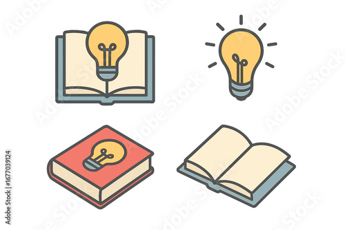 Creative idea icon set. Isometric icons of a book and a lightbulb. Concept for innovation, knowledge, inspiration, learning, education, and creative thinking. Solution symbol.