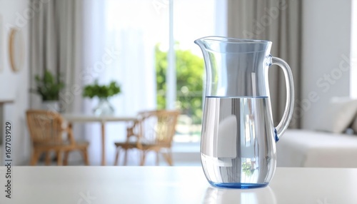Refreshing water pitcher on a bright table with blurred background