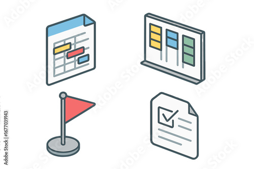 Project management icon set. Isometric vector illustration. Business process symbols. Gantt chart schedule, kanban board, task list, and milestone flag for workflow planning.