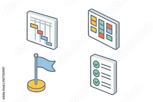 Project management isometric icons. Gantt chart, kanban board, milestone flag, task list. Agile workflow, business strategy, planning, and organization concept symbols. Vector.