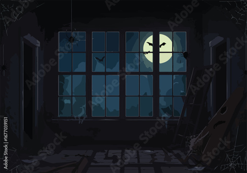 Spooky Abandoned Room Illustration for Halloween A Chilling Night Scene with Bats, Moon, and Eerie Atmosphere - Perfect for Halloween