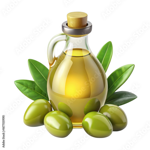 3d olive oil bottle with olives and leaves isolated on transparent background