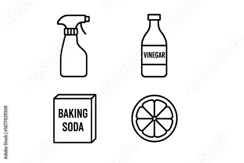 DIY eco cleaner icons. Natural cleaning ingredients vector set. Green living concept. Non-toxic household products. Vinegar, baking soda, lemon, spray bottle line art symbols.