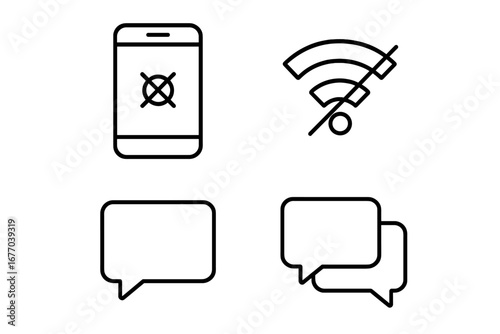 Digital disconnection line icon set. No signal on phone, broken wifi symbol, empty chat bubbles. Concept for digital detox, communication error, internet connection problems.