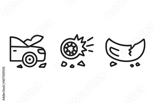 Car crash line icons set. Traffic accident, collision, vehicle damage concept. Vector outline illustration of crumpled hood, shattered headlight, broken bumper debris pieces.