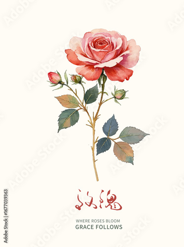  A Single Rose Stem with Chinese Calligraphy