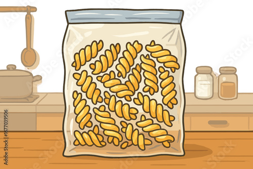 Vector illustration of uncooked spiral pasta in clear packaging. Raw fusilli pasta in a bag, ready for cooking on a kitchen counter. Italian food ingredient concept.