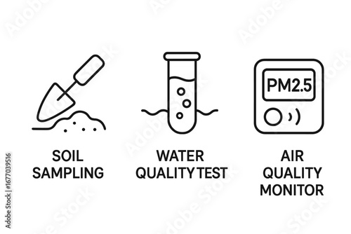 Environmental assessment outline icon set. Vector symbols for soil sampling, water quality test, and air quality monitor. PM2.5 pollution and ecology research concept.