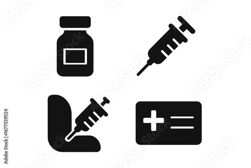 Vaccination icons solid glyph set. Health care, medicine concept. Syringe for injection, vaccine vial, immunity passport card. Immunization campaign vector graphic elements.