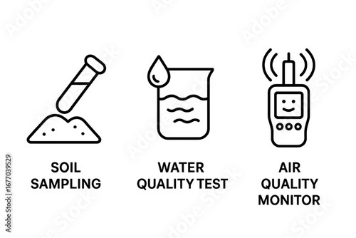 Environmental icon set. Outline icons for assessment. Soil sampling, water quality test, air quality monitor. Vector illustration for ecology, science, pollution control.