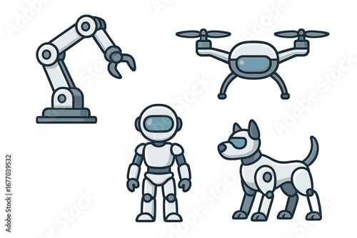 Robotics and AI icon set. Robot, android, robotic arm, drone and dog characters. Future technology and automation concept. Industrial innovation. Vector cartoon illustration.