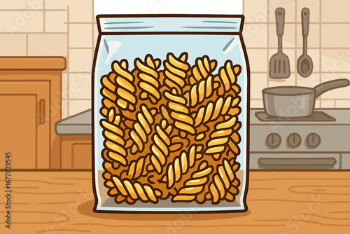 Uncooked spiral pasta in a clear package on a kitchen counter. Vector cartoon of fusilli or rotini noodles in a bag. Italian food ingredient for cooking. Dry macaroni product.