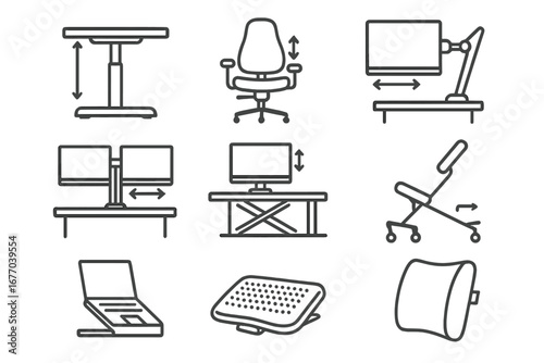 Ergonomic office furniture line icon set. Workspace ergonomics, adjustable standing desk, chair, monitor arm, footrest. Correct posture, modern workplace vector pictograms.