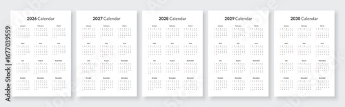 2026, 2027, 2028, 2029, 2030 year annual calendars. White background English language. Printable vector illustration set.