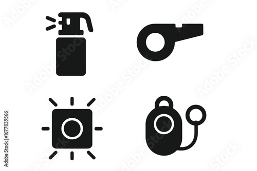 Personal safety icon set. Self defense equipment solid glyphs. Features pepper spray, emergency whistle, panic button, personal alarm symbols. Protection and security concepts vector.