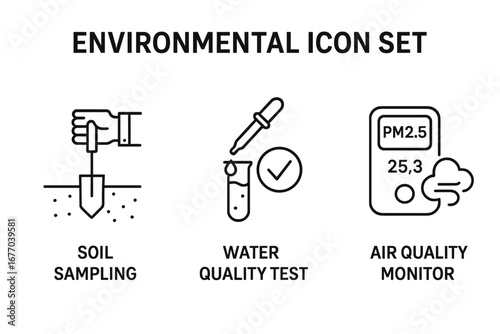 Environmental icon set. Outline icons for environmental assessment. Soil sampling, water quality test, and air quality monitor for pollution analysis. Vector ecology symbols.
