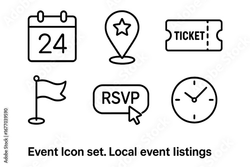 Event planning & booking icon set. Outline vector graphics of calendar, date, location pin, ticket, RSVP button, clock & time. For local event listings, websites & apps.