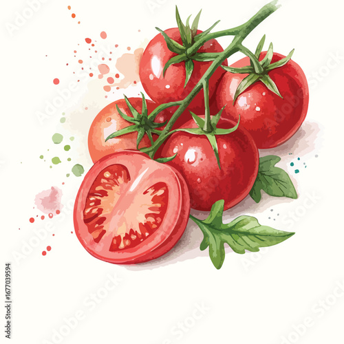 Fresh and juicy tomatoes with green basil on a white background