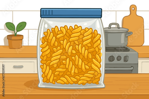 Fusilli pasta in a clear glass storage jar on a kitchen counter. Uncooked spiral pasta ready for cooking. Vector cartoon illustration of home cooking and food ingredients.