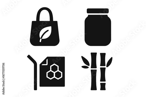 Zero waste lifestyle solid icons set. Eco-friendly sustainable living concept. Reusable bag, glass jar, metal straw, beeswax wrap, bamboo. Plastic-free vector pictograms.