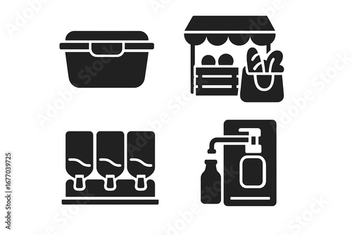 Zero waste solid icons set. Sustainable lifestyle glyphs. Eco friendly shopping, reusable container, local farmers market, bulk food bin and product refill station concept.