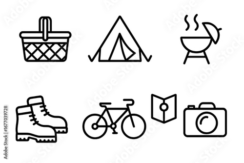 Outline icon set for family outing, camping, hiking. Linear icons of picnic basket, tent, barbecue grill, boots, bicycle, map, camera. Outdoor adventure travel symbols.