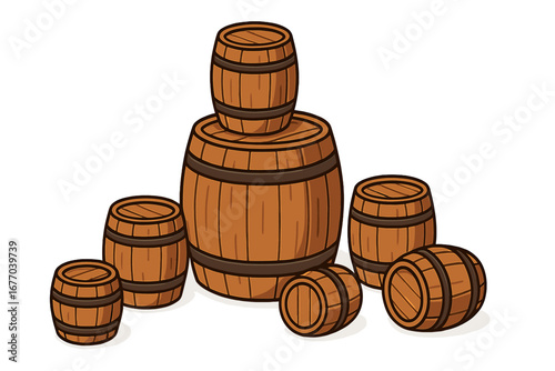 Wooden barrel set vector cartoon illustration. Rustic old wood cask for wine, beer, whiskey storage. Vintage container collection for winery, brewery or cellar concept design.