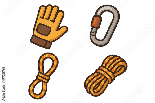 Rock climbing gear and equipment icon set. Vector cartoon illustration of a climbing glove, carabiner, and rope with a figure eight knot. For sport, adventure and mountaineering.