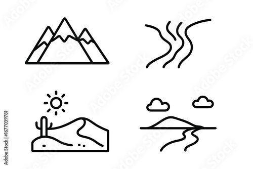Geographic icon set. Minimal outline vector icons of natural landscapes. Mountain range, river delta, desert with cactus and sun, coastal scene. Simple line art symbols.