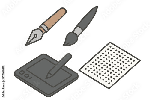 Graphic art tools icon set. Isometric vector illustration of inking pen, brush, digital drawing tablet, and screen tones for comics, manga, and graphic design concept.