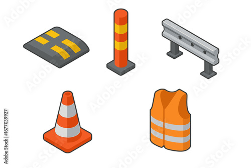 Street safety isometric icon set. Road traffic management and construction equipment. Vector cartoon illustration of speed bump, bollard, guardrail, cone, reflective vest.