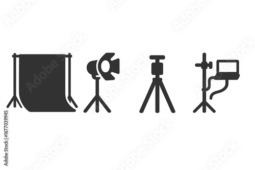 Studio photography equipment icon set. Solid glyph vector illustration of professional gear. Includes backdrop stand, spotlight, tripod, and c-stand with tethered laptop.