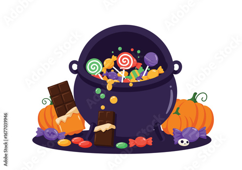 Festive Halloween cauldron overflowing with colorful candies and chocolate bars, surrounded by pumpkins, evoking a spirit of spooky fun and trick-or-treat delight
