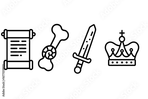 Historical artifacts icon set. Outline symbols of an ancient scroll, fossilized bone, medieval sword, and a royal crown. History, archeology, paleontology, fantasy, kingdom concept.