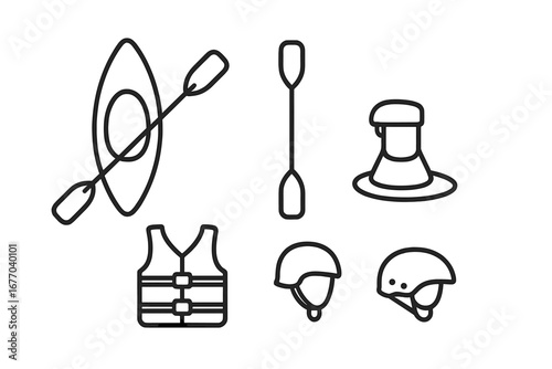 Kayaking adventure equipment outline icon set. Vector illustration of water sports gear. Kayak boat silhouette, paddle, life jacket, spray skirt, helmet. Safety items.