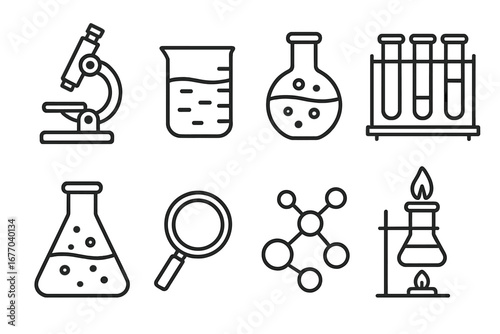 Science lab icon set. Laboratory equipment line art symbols for chemistry, biology, and research projects. Vector collection with microscope, beaker, flask, test tube, molecule.