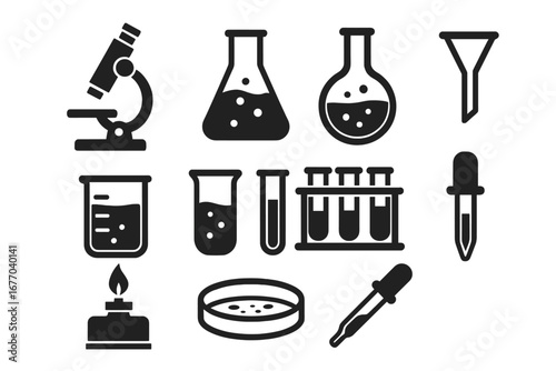 Laboratory equipment icons for science and chemistry. Vector illustration for scientific, medical, and educational projects. Microscope, flask, test tube, and beaker symbols.