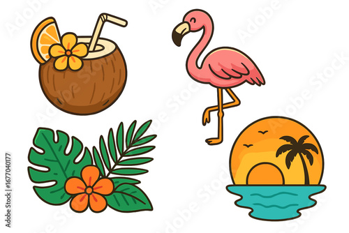 Vector cartoon sticker set of tropical summer vacation elements. Flamingo, coconut drink, monstera leaf, sunset icon. Exotic beach holiday, aloha travel paradise concept.