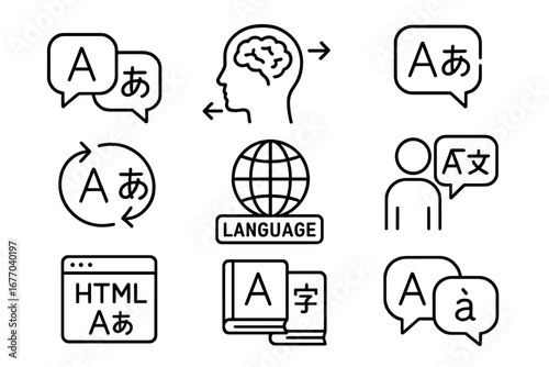 Language icon set for translation, bilingualism, multilingual communication. Vector line icons of language learning, dictionary, web localization, interpreting and global chat.