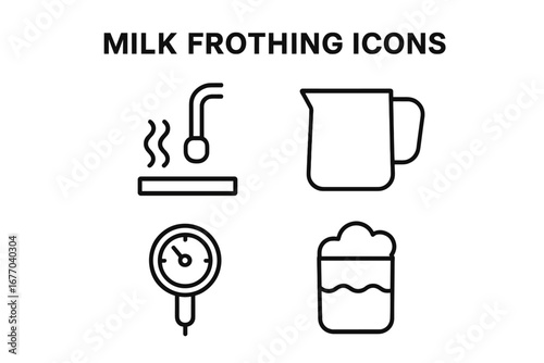 Milk frothing icons set. Outline pictogram collection for coffee making. Barista tools for latte art and cappuccino: steam wand, pitcher, thermometer, and foam vector symbols.