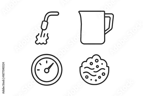 Milk frothing icons set for barista and coffee shop. Line art vector elements for latte and cappuccino making. Steam wand, pitcher, temperature gauge, and milk foam texture.