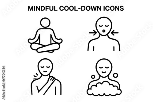 Mindful Cool-Down & Self-Care Icons. Line art set for relaxation, stress relief. Vector symbols for meditation, yoga, deep breathing, neck massage, and calming bubble bath.
