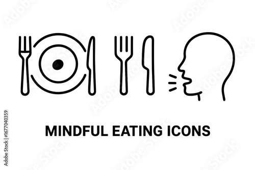 Mindful eating practice outline icon set. Small portion on plate, utensils down, slow chewing concepts. Intuitive diet and healthy lifestyle for food awareness and wellness.