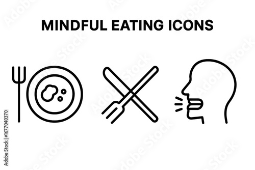 Mindful eating outline icon set. Intuitive eating practice concept. Small portion plate, utensils down, slow chewing. Diet, health, nutrition, psychology vector symbols.
