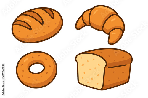 Set of cartoon baked goods icons. Vector illustration of bread, croissant, bagel, and loaf. Bakery food collection for breakfast or pastry shop design. Isolated on white.