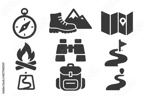 Hiking and camping adventure glyph icon set. Solid vector symbols for outdoor exploration and travel. Mountain, compass, map, backpack, boots, campfire, binoculars icons.